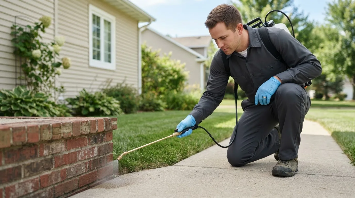 Pest control technician treating a home near Laceyville, PA